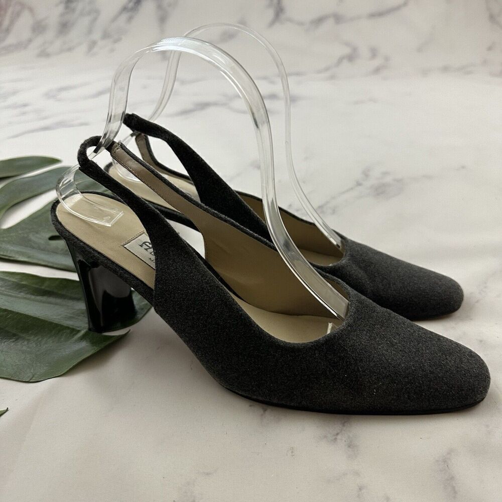 Etienne Aigner Womens Vintage Y2k Sling Back Heels Size 10 Gray Fabric Chrome